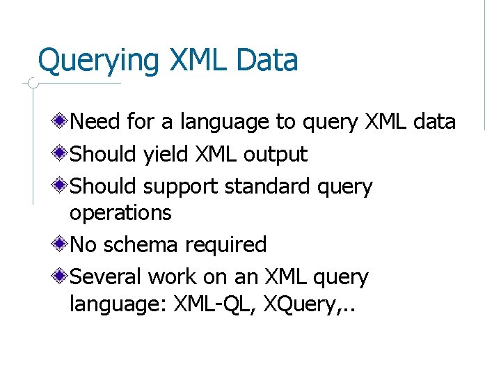 Querying XML Data Need for a language to query XML data Should yield XML