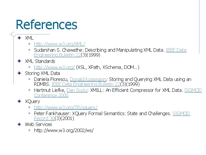 References XML w http: //www. w 3. org/XML/ w Sudarshan S. Chawathe: Describing and