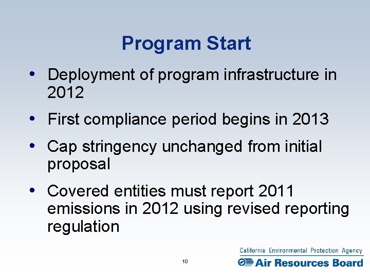 Program Start • Deployment of program infrastructure in 2012 • First compliance period begins