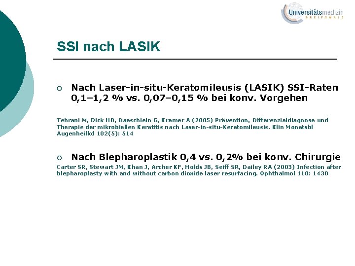 SSI nach LASIK ¡ Nach Laser-in-situ-Keratomileusis (LASIK) SSI-Raten 0, 1– 1, 2 % vs.