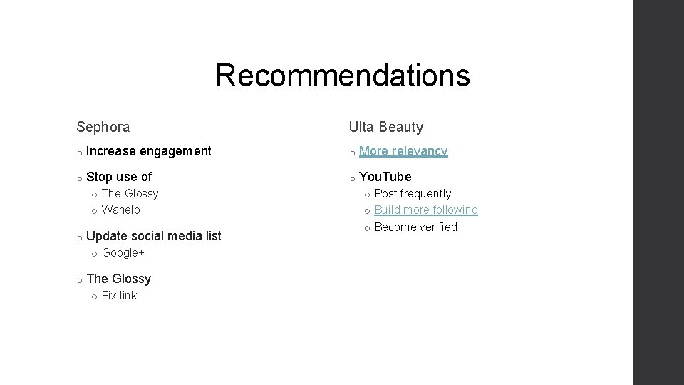 Recommendations Sephora Ulta Beauty o Increase engagement o More relevancy o Stop use of