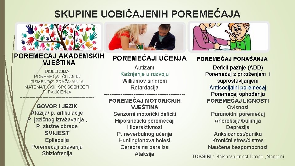 SKUPINE UOBIČAJENIH POREMEĆAJA POREMEĆAJ AKADEMSKIH VJEŠTINA DISLEKSIJA POREMEĆAJ ČITANJA PISMENOG IZRAŽAVANJA MATEMATIČKIH SPOSOBNOSTI P.