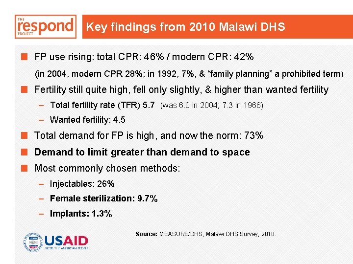 Key findings from 2010 Malawi DHS FP use rising: total CPR: 46% / modern