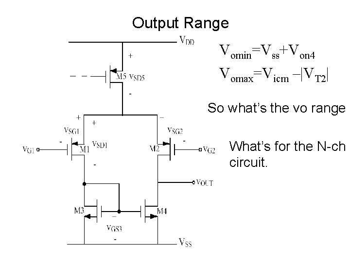 Output Range Vomin=Vss+Von 4 Vomax=Vicm –|VT 2| So what’s the vo range What’s for