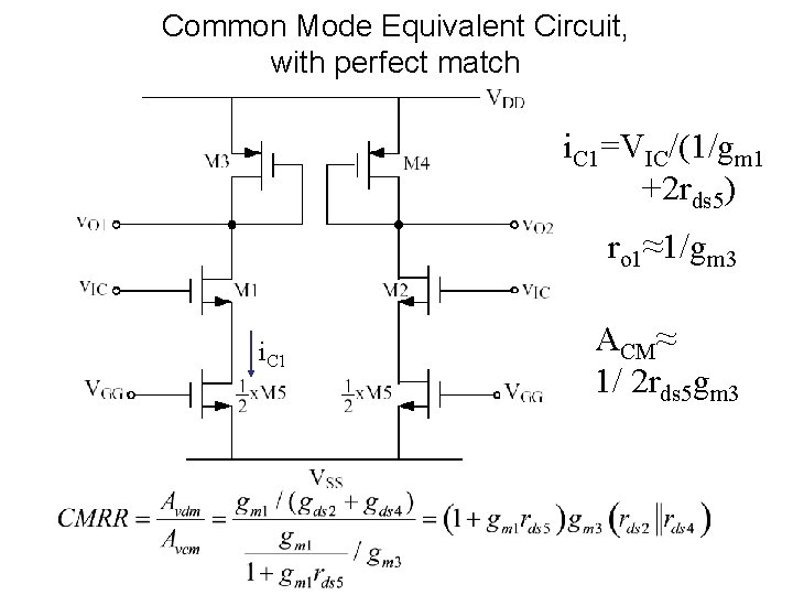 Common Mode Equivalent Circuit, with perfect match i. C 1=VIC/(1/gm 1 +2 rds 5)