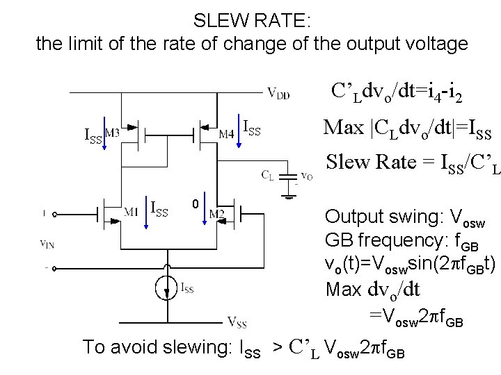 SLEW RATE: the limit of the rate of change of the output voltage C’Ldvo/dt=i