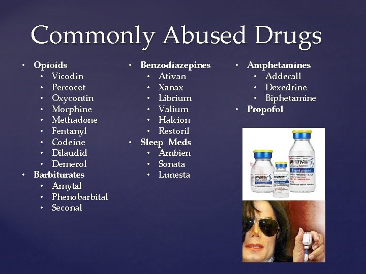 Commonly Abused Drugs • Opioids • Vicodin • Percocet • Oxycontin • Morphine •