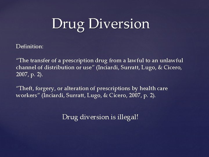 Drug Diversion Definition: “The transfer of a prescription drug from a lawful to an