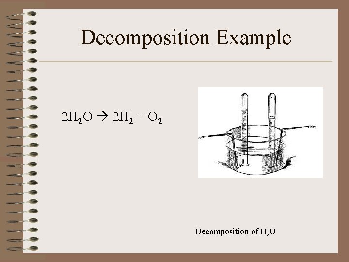 Decomposition Example 2 H 2 O 2 H 2 + O 2 Decomposition of