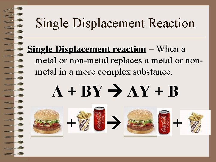 Single Displacement Reaction Single Displacement reaction – When a metal or non-metal replaces a