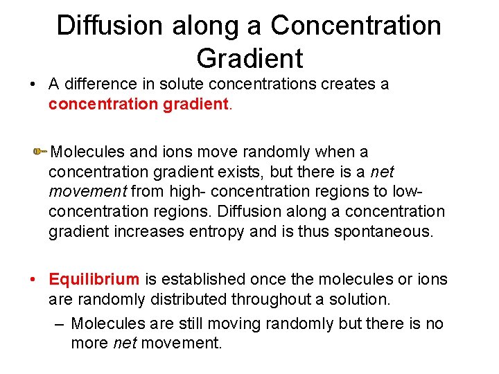 Diffusion along a Concentration Gradient • A difference in solute concentrations creates a concentration