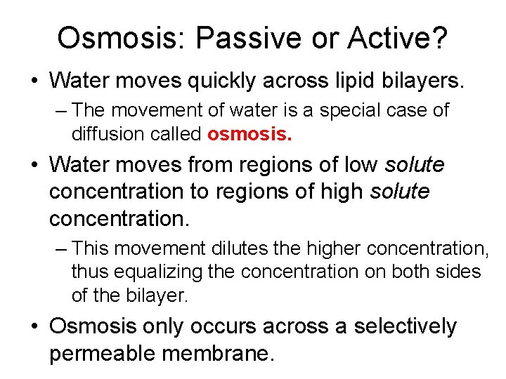 Osmosis: Passive or Active? • Water moves quickly across lipid bilayers. – The movement