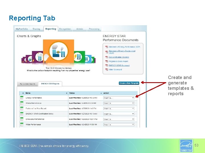 Reporting Tab Create and generate templates & reports 53 