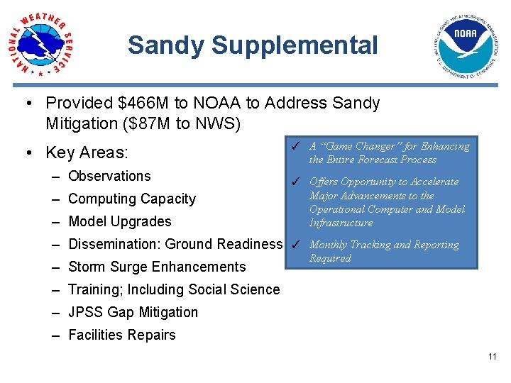 Sandy Supplemental • Provided $466 M to NOAA to Address Sandy Mitigation ($87 M