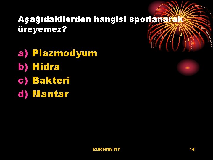 Aşağıdakilerden hangisi sporlanarak üreyemez? a) b) c) d) Plazmodyum Hidra Bakteri Mantar BURHAN AY