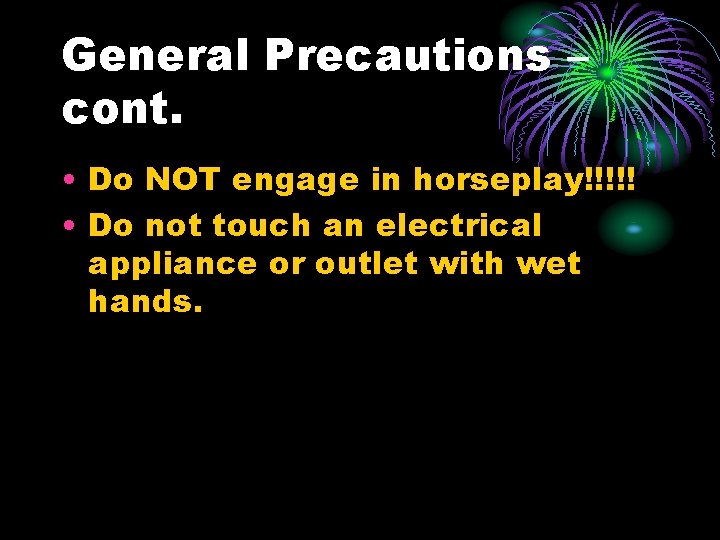 General Precautions – cont. • Do NOT engage in horseplay!!!!! • Do not touch