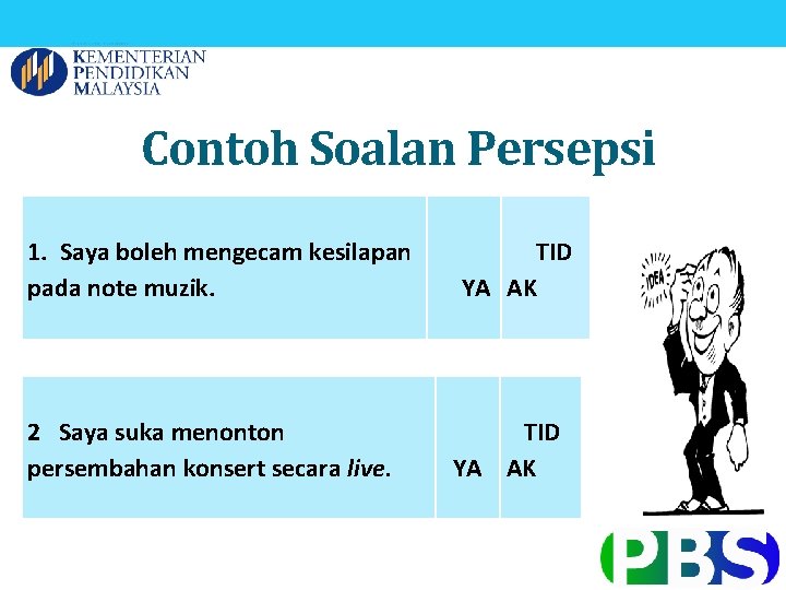 Contoh Soalan Persepsi 1. Saya boleh mengecam kesilapan pada note muzik. 2 Saya suka