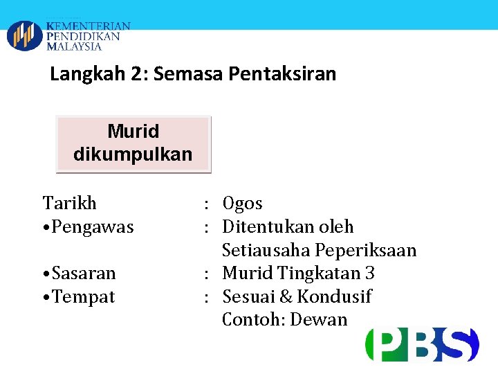 Langkah 2: Semasa Pentaksiran Murid dikumpulkan Tarikh • Pengawas • Sasaran • Tempat :