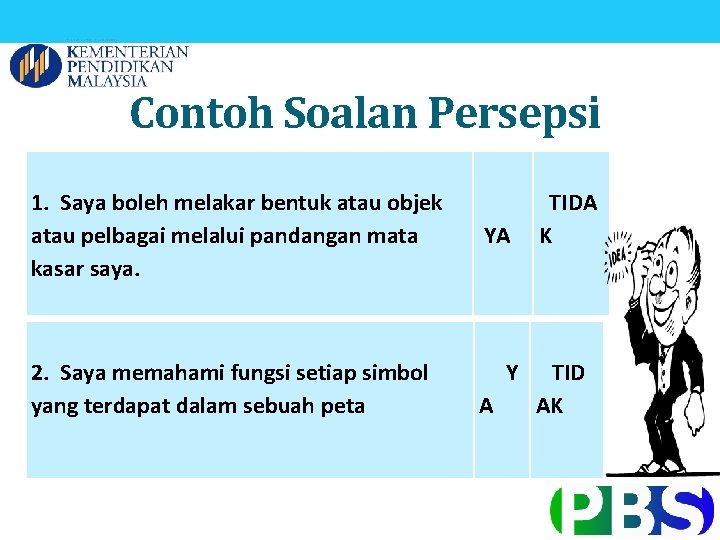 Contoh Soalan Persepsi 1. Saya boleh melakar bentuk atau objek atau pelbagai melalui pandangan