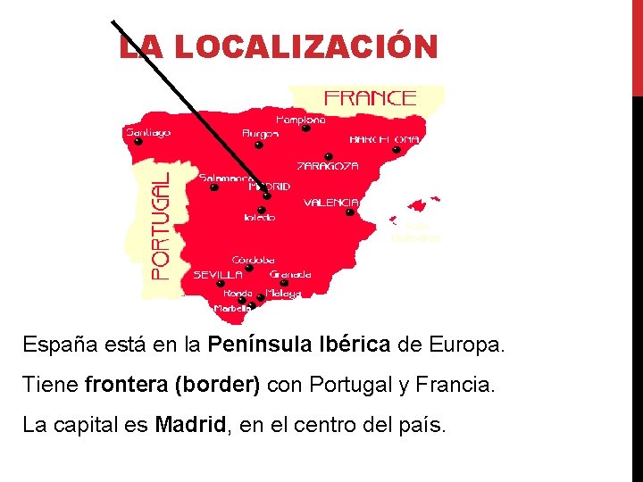 LA LOCALIZACIÓN España está en la Península Ibérica de Europa. Tiene frontera (border) con