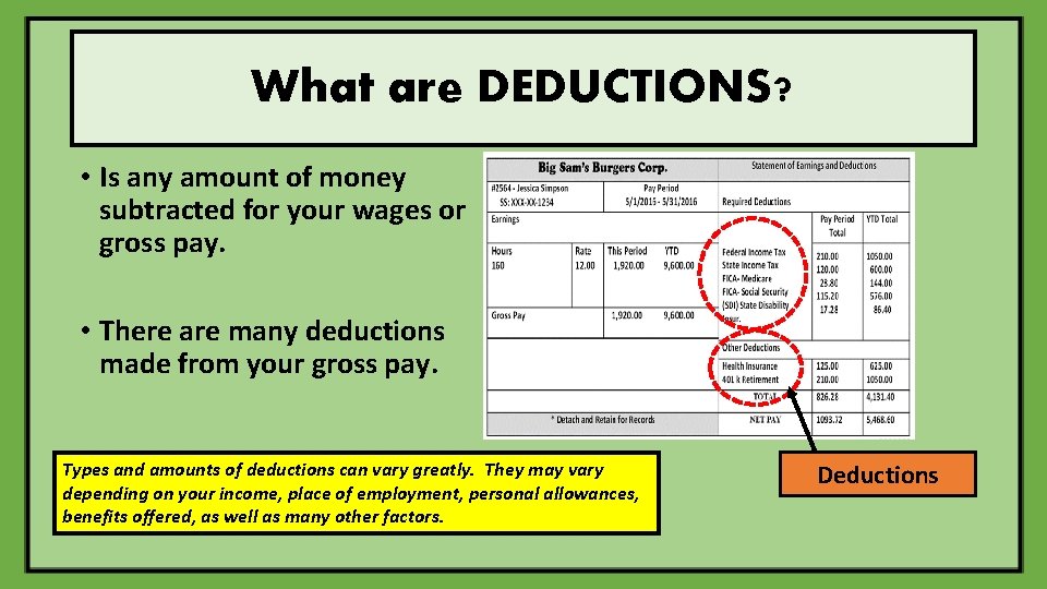 What are DEDUCTIONS? • Is any amount of money subtracted for your wages or