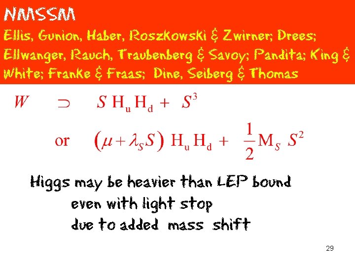 NMSSM Ellis, Gunion, Haber, Roszkowski & Zwirner; Drees; Ellwanger, Rauch, Traubenberg & Savoy; Pandita;