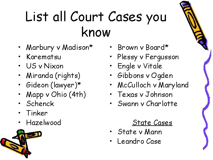 List all Court Cases you know • • • Marbury v Madison* Korematsu US
