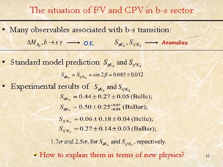 The situation of FV and CPV in b-s sector • Many observables associated with