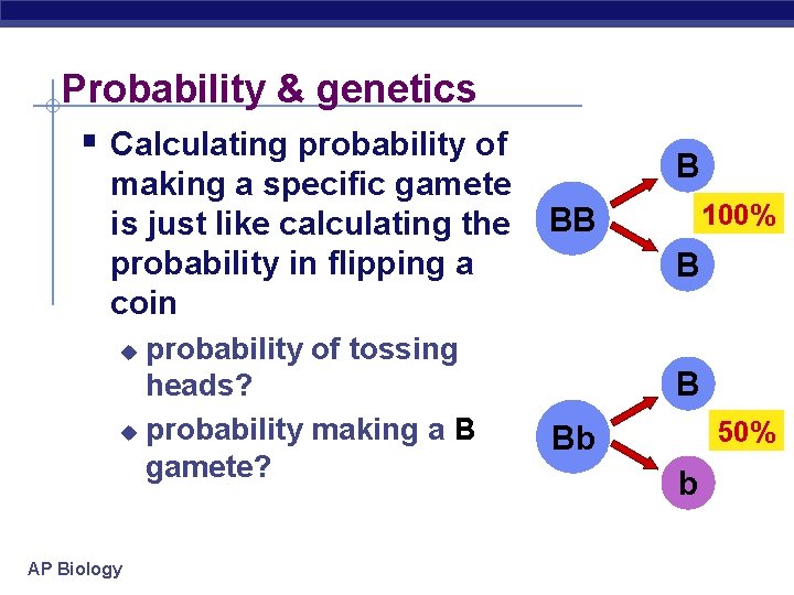 Probability & genetics § Calculating probability of making a specific gamete is just like