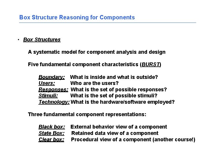 Box Structure Reasoning for Components • Box Structures A systematic model for component analysis