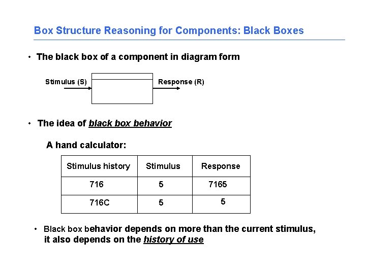 Box Structure Reasoning for Components: Black Boxes • The black box of a component
