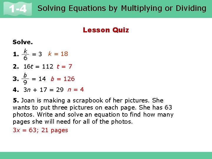 Solving Equations by Multiplying or Dividing 1 -1 and Expressions 1 -4 Variables Lesson