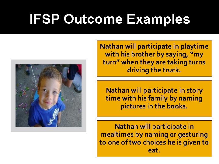 IFSP Outcome Examples Nathan will participate in playtime with his brother by saying, “my