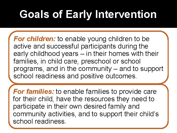 Goals of Early Intervention For children: to enable young children to be active and