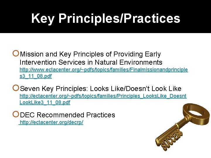 Key Principles/Practices Mission and Key Principles of Providing Early Intervention Services in Natural Environments