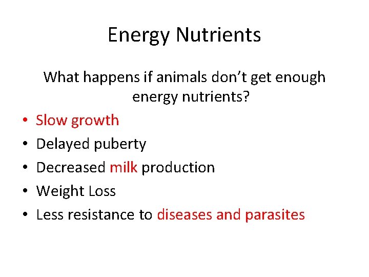 Energy Nutrients • • • What happens if animals don’t get enough energy nutrients?