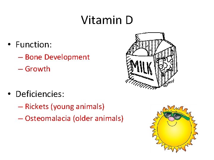 Vitamin D • Function: – Bone Development – Growth • Deficiencies: – Rickets (young
