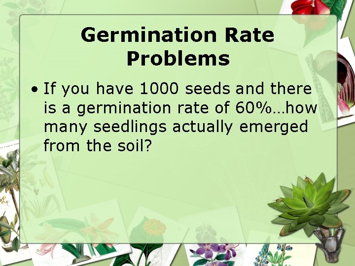 Germination Rate Problems • If you have 1000 seeds and there is a germination