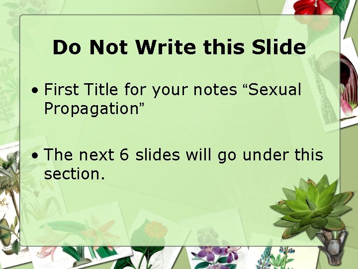 Do Not Write this Slide • First Title for your notes “Sexual Propagation” •
