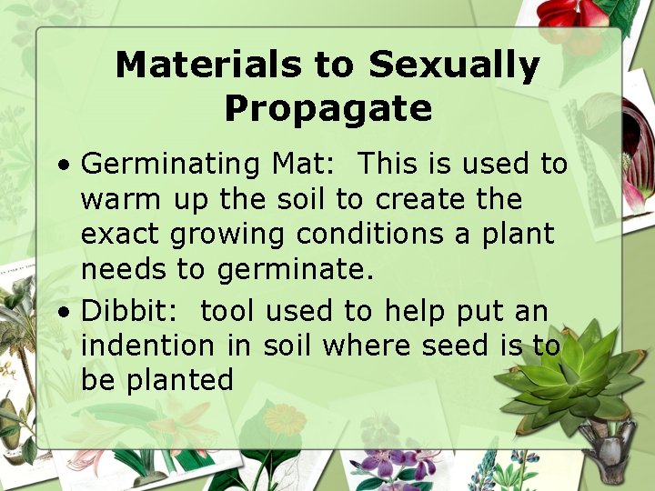 Materials to Sexually Propagate • Germinating Mat: This is used to warm up the