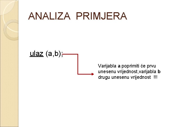 ANALIZA PRIMJERA ulaz (a, b); Varijabla a poprimiti će prvu unesenu vrijednost, varijabla b