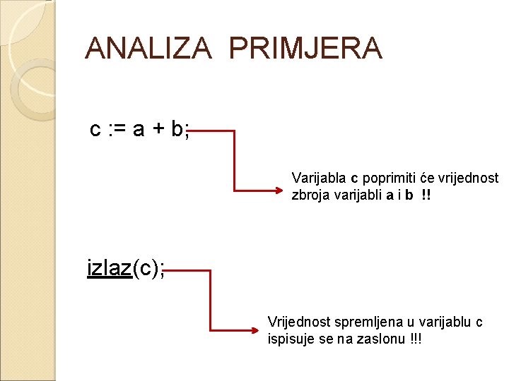 ANALIZA PRIMJERA c : = a + b; Varijabla c poprimiti će vrijednost zbroja