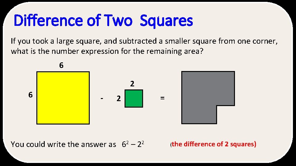 Difference of Two Squares If you took a large square, and subtracted a smaller Difference of Two Squares If you took a large square, and subtracted a smaller