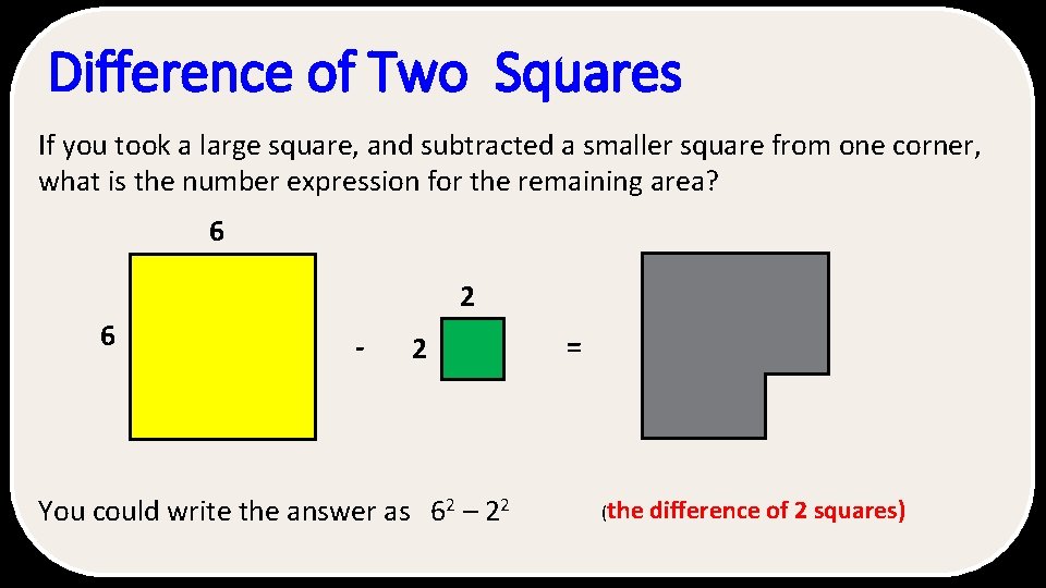 Difference of Two Squares If you took a large square, and subtracted a smaller