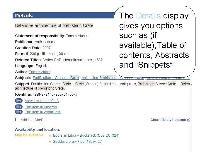 The Details display gives you options such as (if available), Table of contents, Abstracts