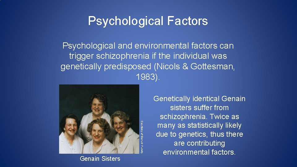 Psychological Factors Psychological and environmental factors can trigger schizophrenia if the individual was genetically