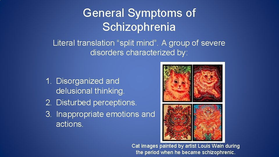 General Symptoms of Schizophrenia Literal translation “split mind”. A group of severe disorders characterized