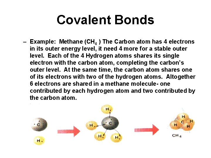 Covalent Bonds – Example: Methane (CH 4 ) The Carbon atom has 4 electrons