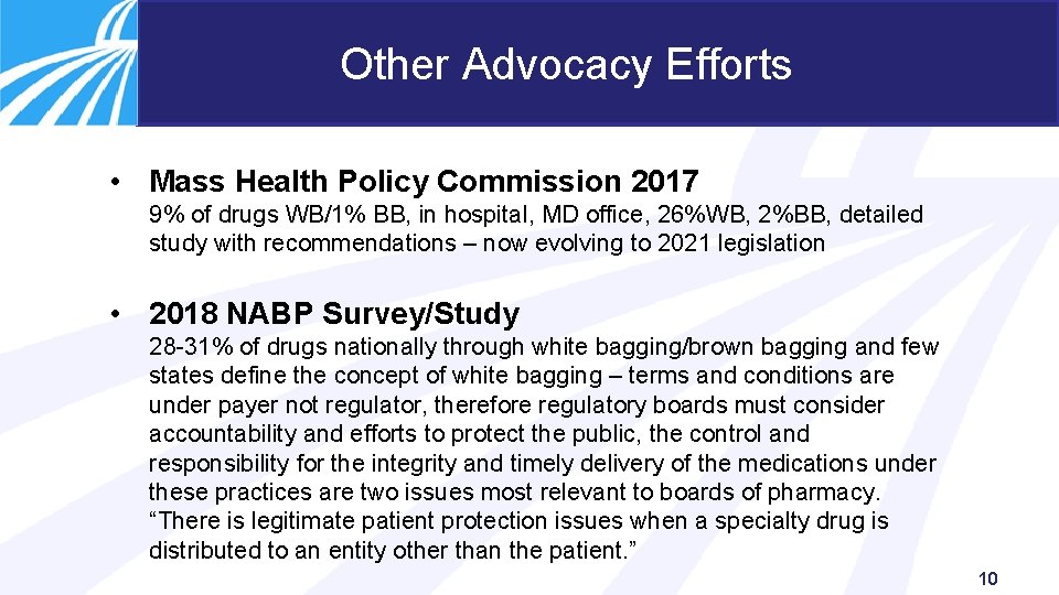 Other Advocacy Efforts • Mass Health Policy Commission 2017 9% of drugs WB/1% BB,