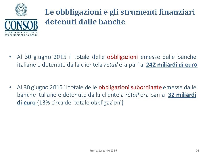 Le obbligazioni e gli strumenti finanziari detenuti dalle banche • Al 30 giugno 2015